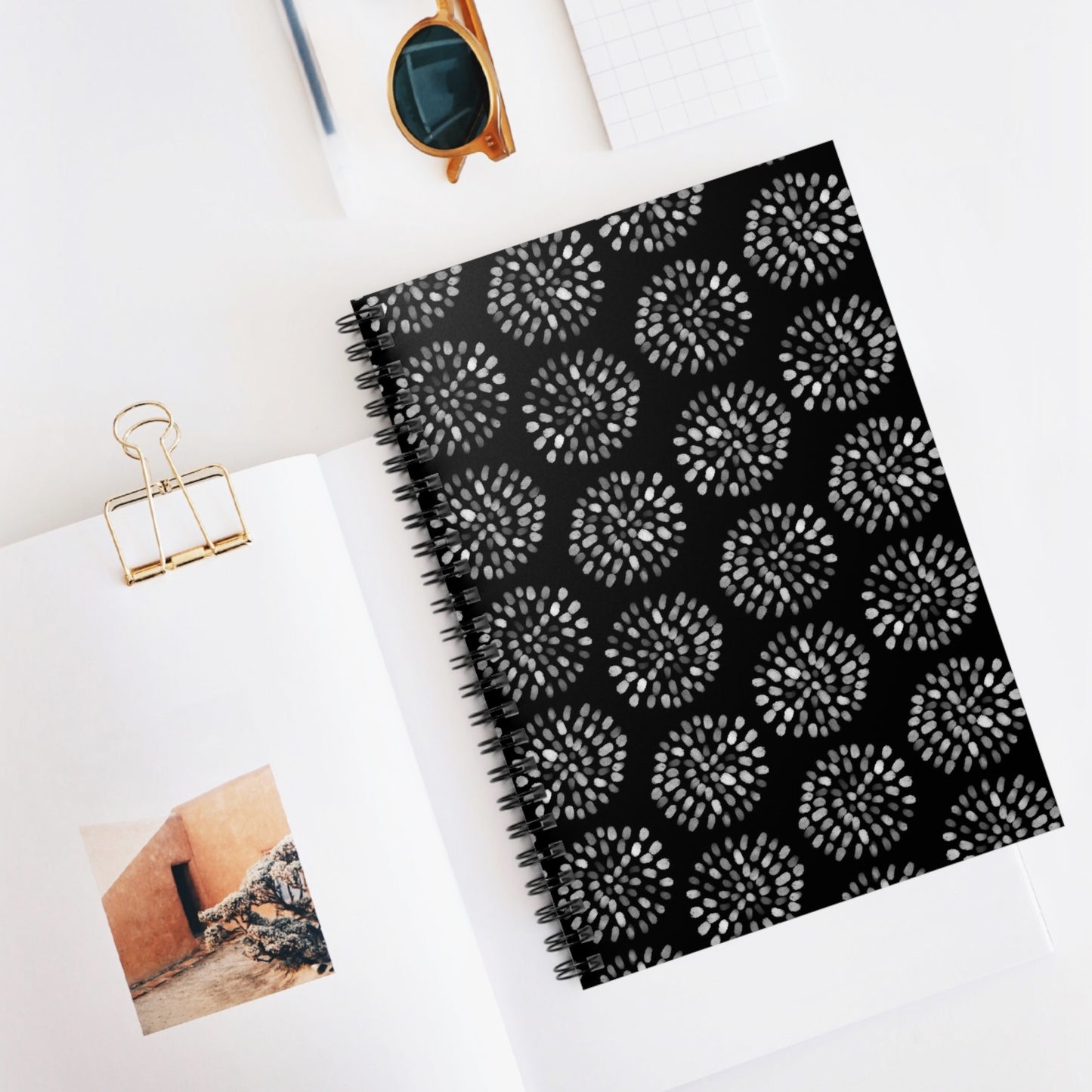 Black Floral Burst Spiral Notebook — Ruled Journal for Notes & Planning